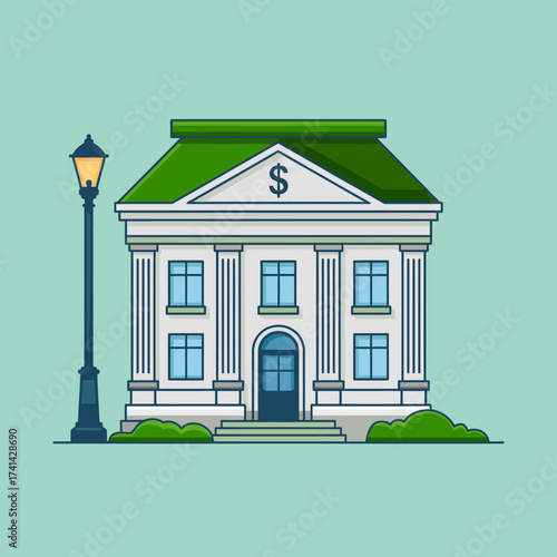 This image features a classic bank building design, showcasing its grand architecture with columns, a green roof, and a prominent dollar sign as a financial symbol.