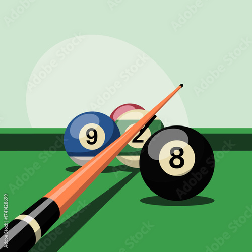 This image features a close-up view of billiard balls and a cue stick, showcasing the classic game of pool with vibrant colors and geometric composition on a green table.