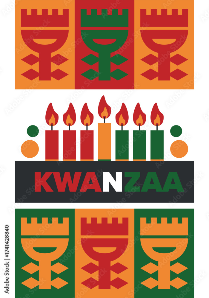 Fototapeta premium Kwanzaa Happy Celebration. African and African-American culture holiday. Seven days festival, celebrate annual from December 26 to January 1. Black history. Poster, card, banner and background. Vector