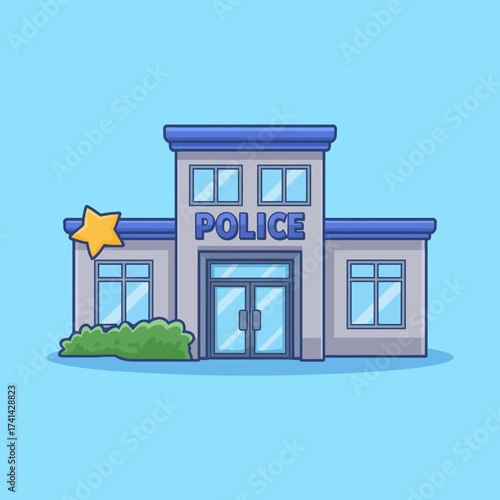 A modern and minimalist depiction of a police station featuring clean lines and a blue color palette, representing safety, authority, and community service in a vibrant way.