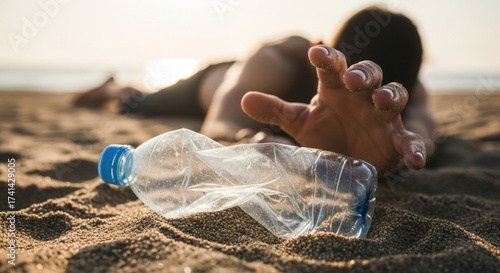 Close-up of desperate man's hand reaching for plastic water bottle on sandy beach, bright sunlight, survival concept, urgency