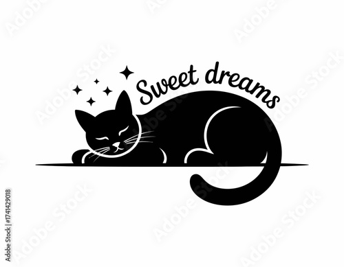 A serene silhouette of a sleeping cat adorned with sparkling stars and the phrase 'Sweet dreams,' conveying tranquility and comfort in a whimsical, artistic style.