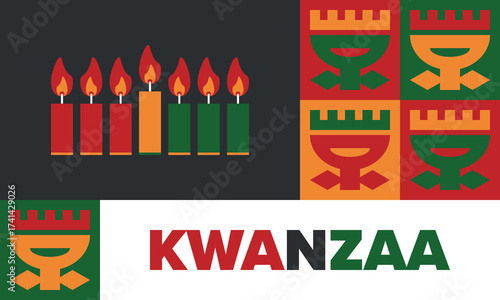 Kwanzaa Happy Celebration. African and African-American culture holiday. Seven days festival, celebrate annual from December 26 to January 1. Black history. Poster, card, banner and background. Vector