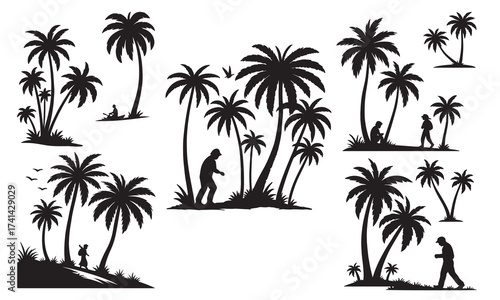 tropical palm trees. Silhouettes of tropical palm trees and people enjoying the scenery, isolated on white background a peaceful scene with birds flying around the trees