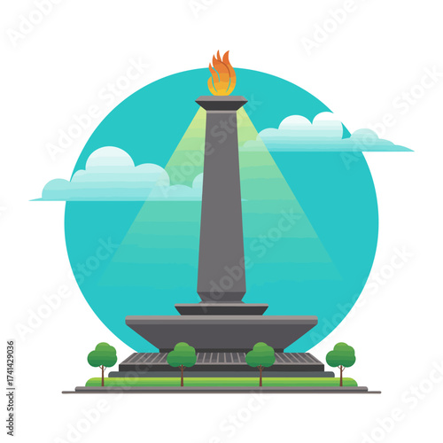 A tall, dark pillar monument topped with a flame, representing freedom and bravery, set against a vibrant blue backdrop with soft clouds enhancing its prominence.