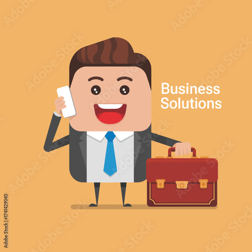 A friendly cartoon businessman holding a phone and a briefcase, portraying positivity and professionalism. Ideal for business-related marketing or solutions.