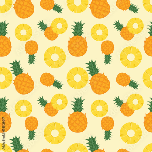Seamless pattern of whole pineapple with green leaves and yellow pineapple slices. Adorable light yellow background for children's clothing,textiles,product packaging,food and beverage web advertising