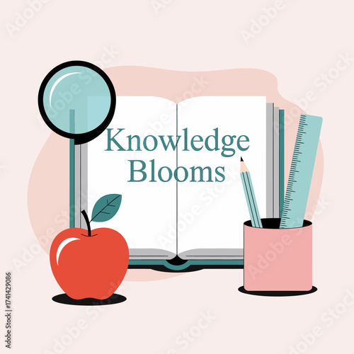 An illustration of an open book surrounded by school supplies such as a pencil, ruler, and an apple, promoting learning and knowledge in an inviting educational environment.