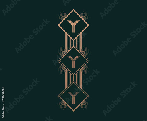 An elegant art deco design featuring a triple gold letter 'Y', symbolizing sophistication and luxury, with decorative elements that enhance its artistic and vintage flair.