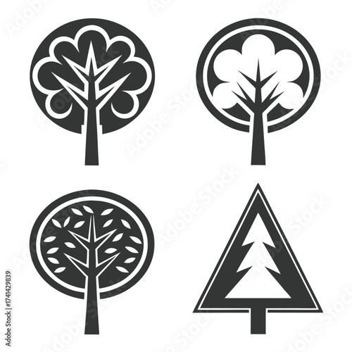 Four stylized dark gray tree icons on white background symbol nature 4