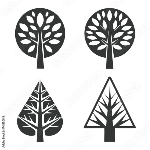Four stylized dark grey trees on a white background graphic icon