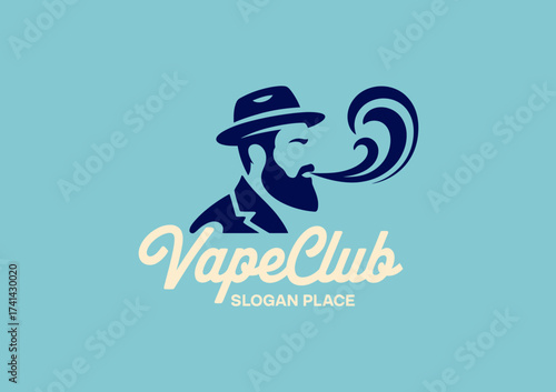 This logo design captures a bearded man in a hat, exhaling vapor, representing the vape culture, paired with a stylish font for the brand 'VapeClub,' embodying relaxation.