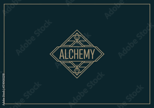 An elegant logo featuring the word 'Alchemy' in an art deco style, highlighted with geometric shapes and intricate details, symbolizing transformation and creativity.