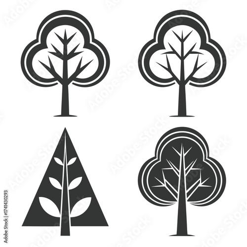 Four stylized dark grey tree icons on white background symbol nature
