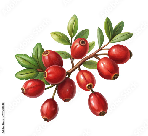 Watercolor Illustration of Rose Hips with Green Leaves on a Branch