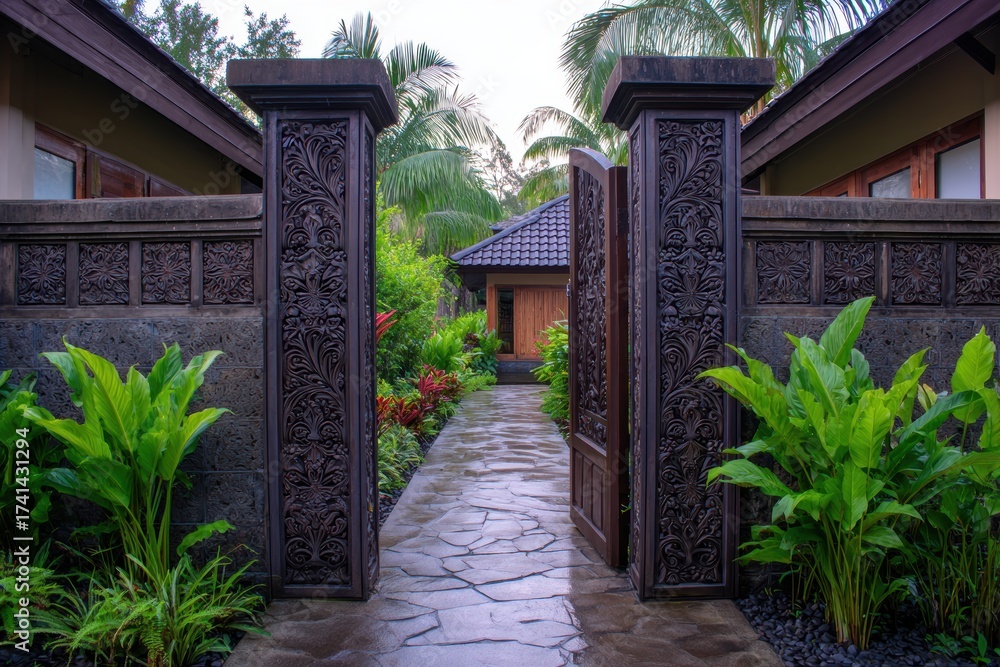 Fototapeta premium Beautifully crafted wooden gates open to a lush tropical garden pathway leading to a serene villa