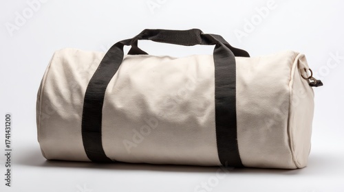 Neutral canvas gym bag with black straps for travel and sport activities