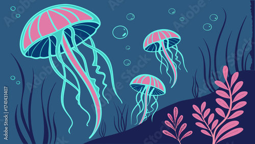 Luminous Marine Dance: Four radiant jellyfish gracefully navigate an underwater world, their vibrant forms illuminating the depths with a mesmerizing, otherworldly glow.