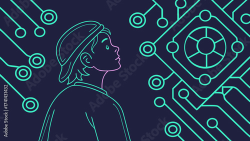 Future Gaze: A visionary person gazes into a futuristic digital realm, envisioning the possibilities of technology and innovation.
