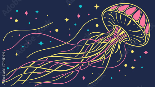 Cosmic Jellyfish: An artistic rendering of a jellyfish drifts gracefully through the ethereal cosmos, its form illuminated by celestial starlight.