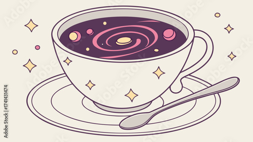Celestial Brew: A whimsical illustration of a teacup, its contents swirling with a galaxy of stars and planets, offering a surreal blend of space and comfort.