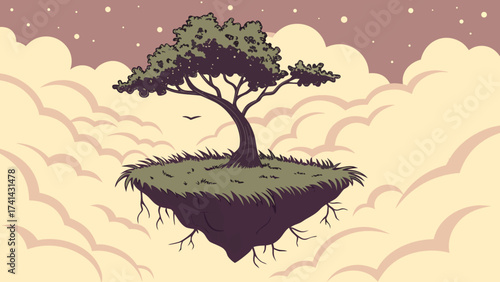 Floating Island and Tranquil Tree: The image presents a dreamlike scene of a single, sturdy tree growing atop a floating island, serenely drifting amidst a sea of clouds and a subtly starlit sky. 