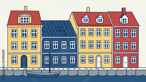 Colorful Canal Houses: A stylized illustration of vibrant canal houses, each with unique architectural details and colorful facades, reflects a harmonious blend of tradition and artistic flair.