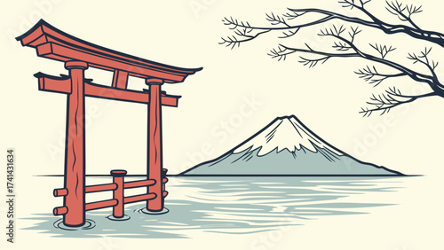Harmony of the East: An illustration captures the iconic imagery of Japan with a vibrant red Torii gate, gracefully set against the majestic backdrop of Mount Fuji.