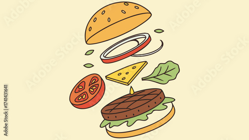 Deconstructed Delight: A vibrant illustration showcases the individual components of a delicious burger, playfully suspended in mid-air, inviting anticipation for the culinary creation.