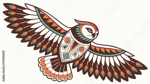 Majestic Owl in Flight: A meticulously illustrated owl with intricate patterns spreads its wings in a graceful display of flight, an artful representation.