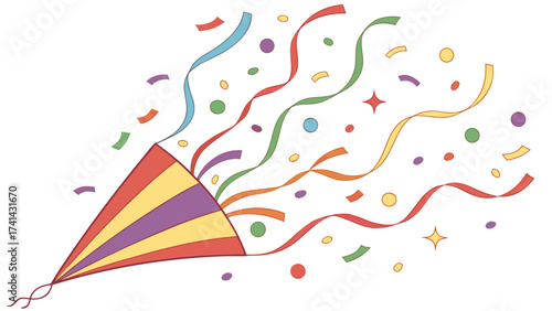 Festive Explosion: A vibrant illustration of a party popper erupting with colorful confetti and streamers, symbolizing celebration, joy, and special events.