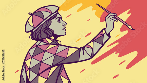 Artistic Creation in Full Swing: An artist, clad in a vibrant, geometric pattern, is deeply immersed in their craft, bringing a splash of color to life with a painterly style.