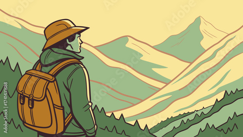 Solitary Mountain Explorer: A hiker, equipped with backpack and hat, takes in the breathtaking vista of majestic mountain ranges, showcasing the allure of travel and the appreciation for nature.