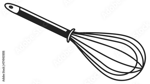 Whisk Kitchen Essential: A minimalist black and white illustration showcasing a wire whisk, a fundamental kitchen tool for mixing and aerating ingredients.