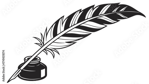 Ink and Quill: A black and white illustration depicts a classic quill pen dipped in ink, symbolizing creativity, writing, and the art of storytelling.