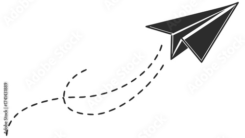 Paper Airplane Ascent: A simple paper airplane soars gracefully, leaving a trail of dotted lines to mark its flight path, symbolizing freedom, exploration, and innovation. 