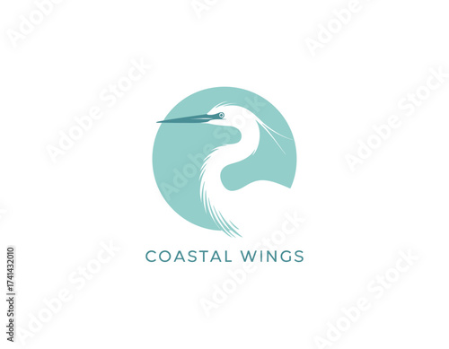 A beautifully crafted logo representing a heron within a circular design, embodying elegance and grace, perfect for coastal-themed ventures or wildlife organizations.