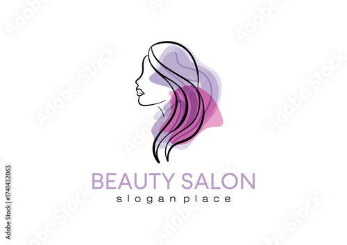 The beauty salon logo features a minimalist outline of a woman's face and flowing hair, symbolizing elegance, beauty care, and style in salon services.