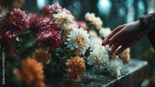 Hand Gently Touching Colorful Chrysanthemum Flowers on a Stone Surface, Close-up, Moody Lighting, Floral Arrangement, Autumnal Colors.