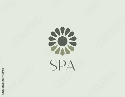 A refined and calming spa logo featuring a flower motif with the word 'SPA', signifying relaxation, beauty, and holistic wellness with a sleek, modern aesthetic.