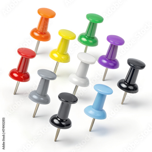 Nine Glossy Push Pins in Color Grid Formation – Minimalist Digital Illustration on White