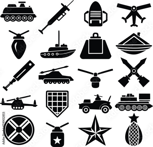 Collection of silhouetted military and tactical equipment icons for design and graphics featuring tanks helicopters and vehicles