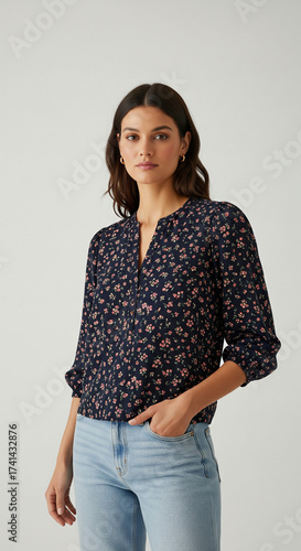 Fashionable Woman in Floral Blouse and Jeans