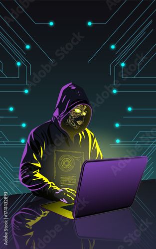 Cyber hacker in neon hood using laptop
