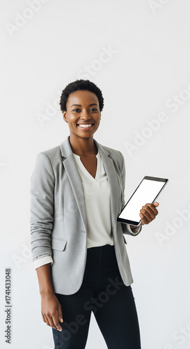 Woman in Business Attire Holding a Tablet