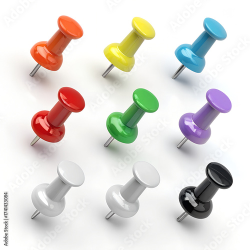Colorful Push Pins in 3x3 Grid – Glossy Digital Art on White Background