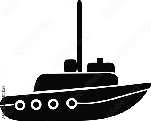 Simple silhouette of a submarine with a tall mast and circular portholes evoking nautical adventure and underwater exploration