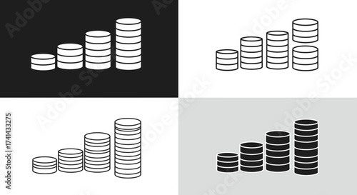 Stacked Coins Icon Set – Money, Finance, Savings, Currency Outline Vector Illustration