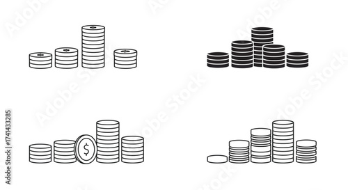 Stacked Coins Icon Set – Money, Finance, Savings, Currency Outline Vector Illustration