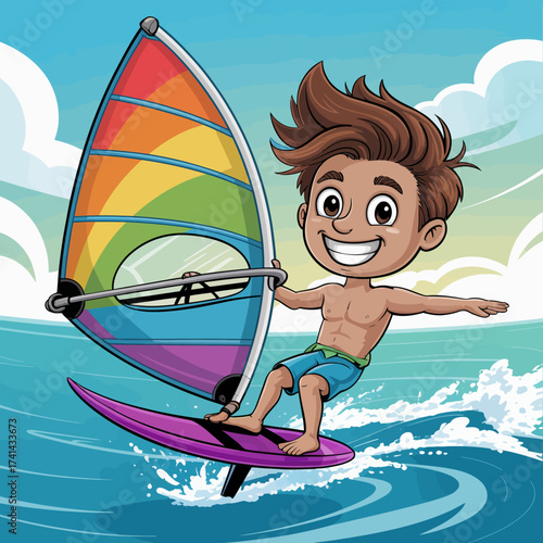 A cheerful boy enjoys windsurfing on colorful waters, showcasing excitement and adventure, capturing the essence of summer fun and outdoor activities in vibrant style.